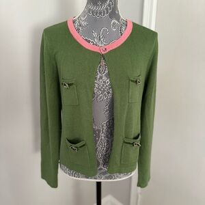 ECI New York Sz: XL Green/ Pink Silk Angora Open Cardigan w/ Pockets Bows Jewel.